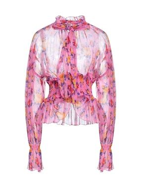 MSGM Pink Floral Sheer Tie-Neck Blouse